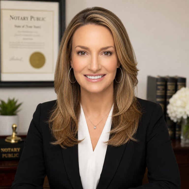 Professional woman in black blazer and white blouse smiling at camera in notary office with framed certificate on wall