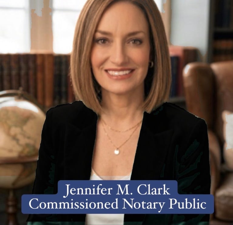 Jennifer M. Clark, Commissioned Notary Public, smiling woman with brown shoulder-length hair wearing a black velvet blazer