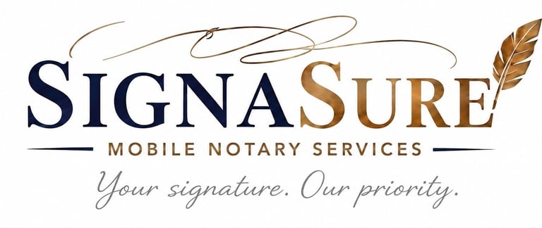 SignaSure Mobile Notary Services logo with tagline Your signature. Our priority. on dark blue background